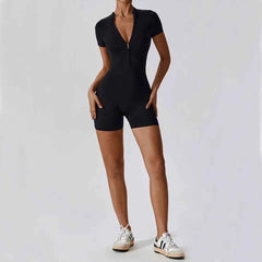 Women's Short Sleeve Zipper Yoga Jumpsuit | Sports Bodysuit Gym Fitness Dance Running Workout