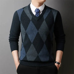 Men’s Argyle Plaid V-Neck Pullover | Classic Winter Knitted Sweater
