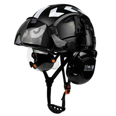 Vented construction safety helmet with twin visors, earmuffs and reflective stickers – image 1