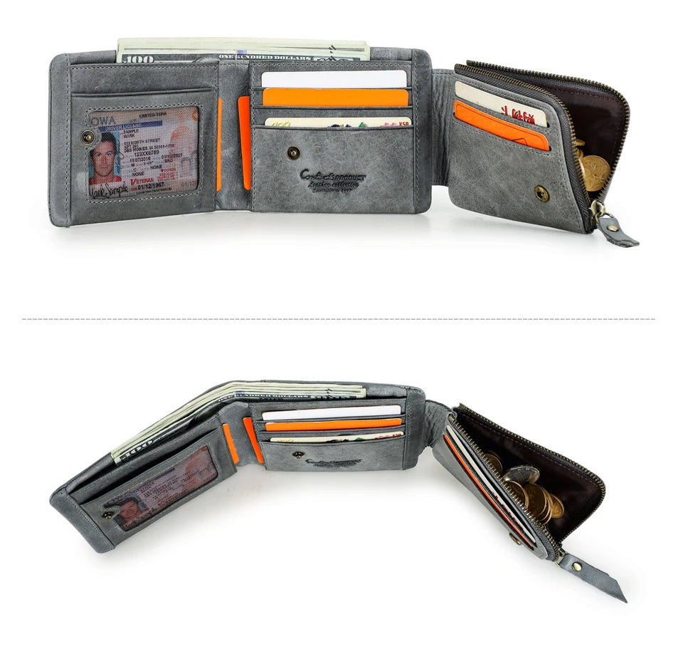 Crazy Horse Cowhide Leather Trifold Wallet with Zip Coin Pocket