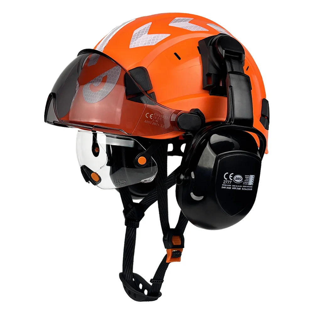 Vented construction safety helmet with twin visors, earmuffs and reflective stickers – image 13