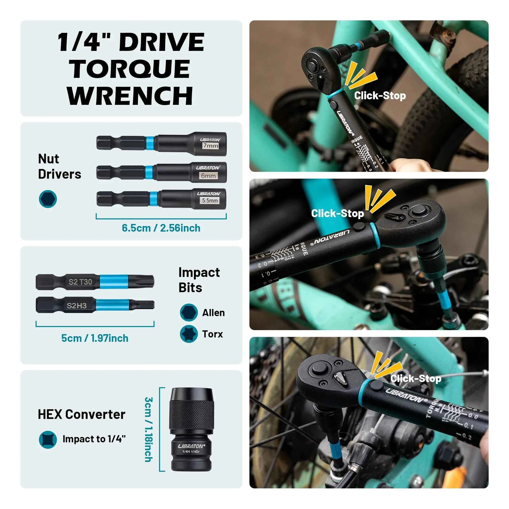 21 Piece Bike Torque Wrench Set – 1/4" Drive Click Torque Wrench with Hex, Torx & Nut Driver Bits for Bicycle & Motorcycle Repair