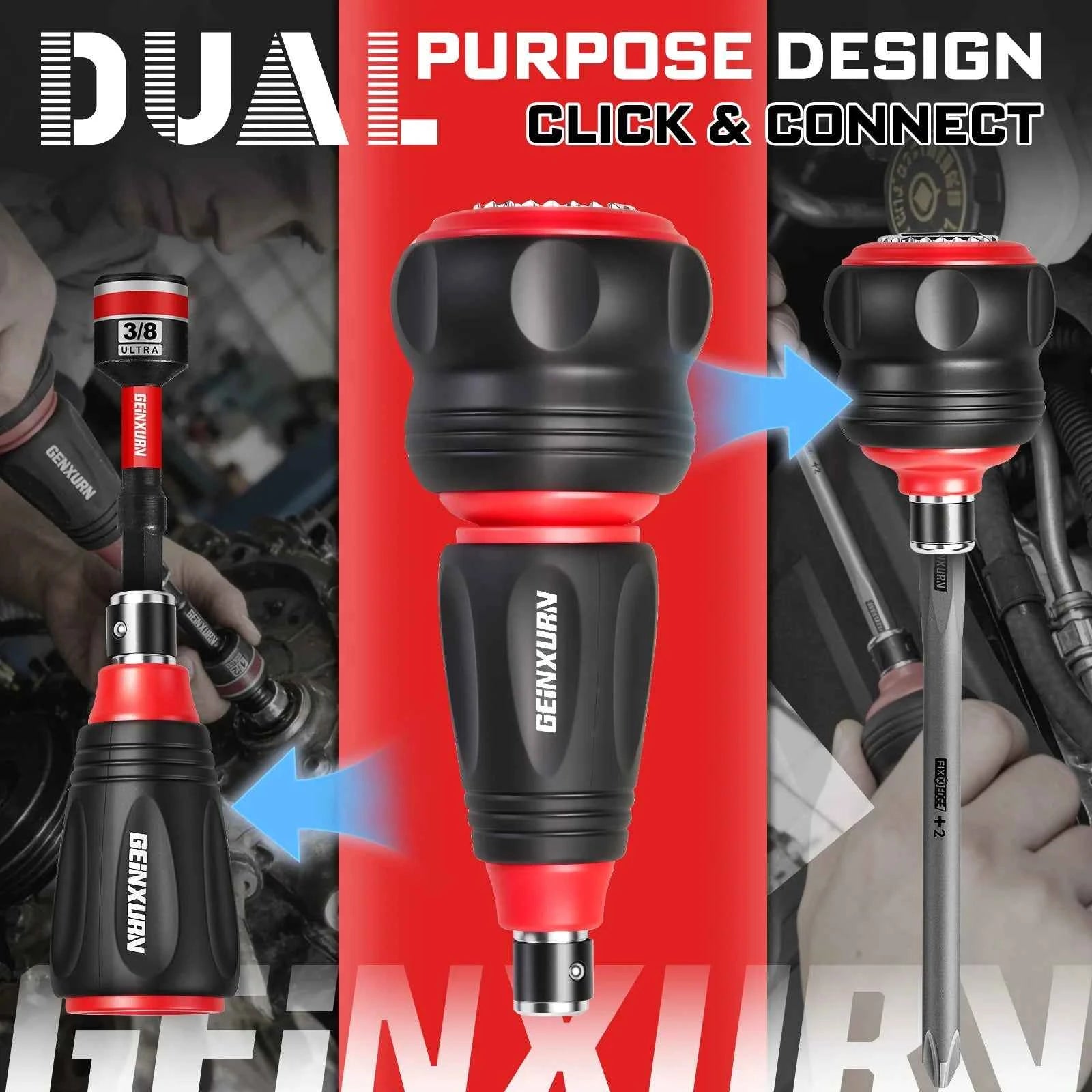 Impact Magnetic Screwdriver Set | Stubby 2-in-1 Ratchet Handle Dual-End Socket Wrench Bits Nut Driver