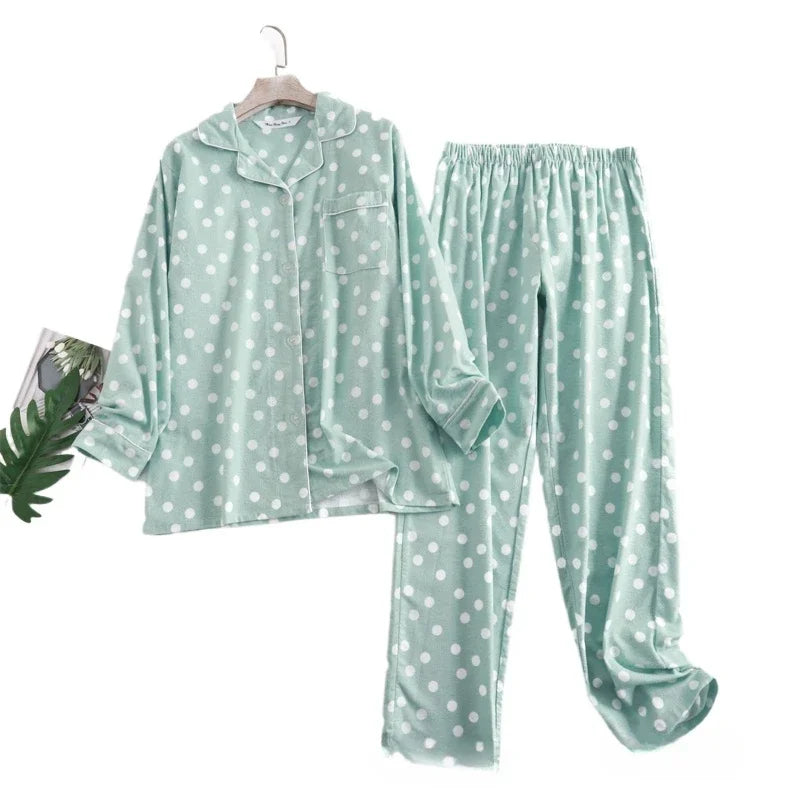 Women's Cotton Flannel Pajama Set | Plaid Long Sleeve Long Pants Loose Autumn Winter Sleepwear