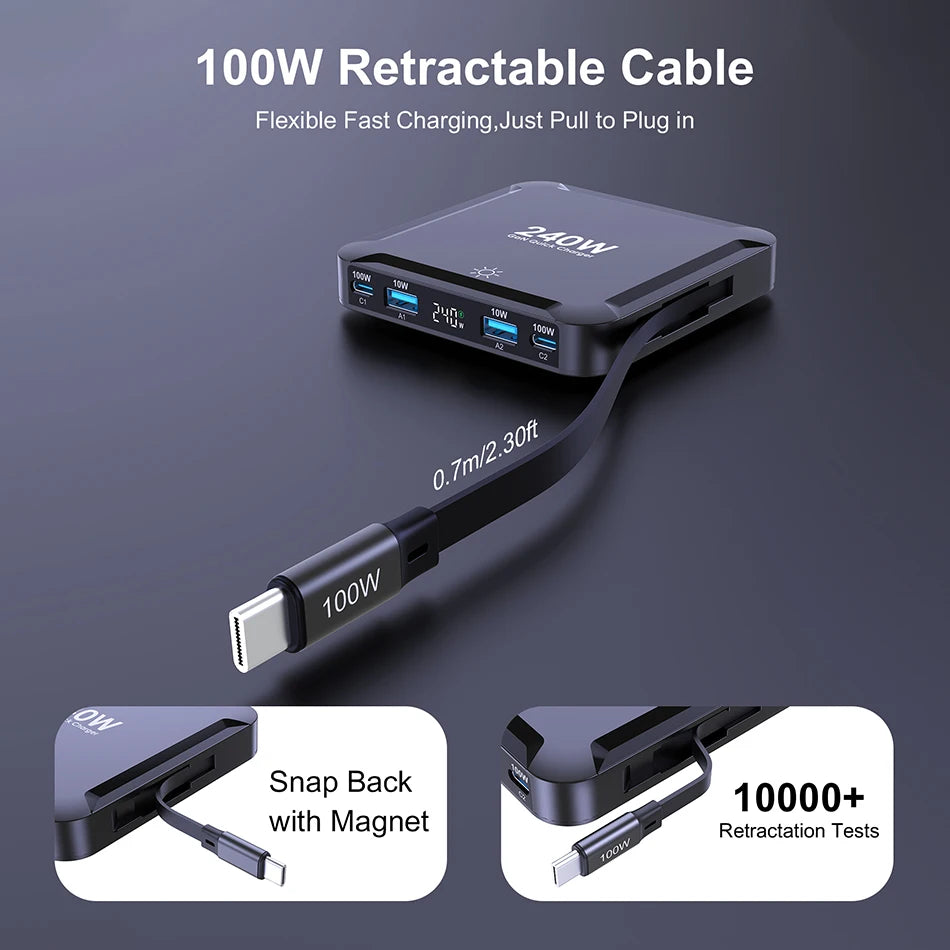 240W GaN Desktop Charger | Digital Display + 100W Retractable USB-C Cable Fast Charger Phone Laptop