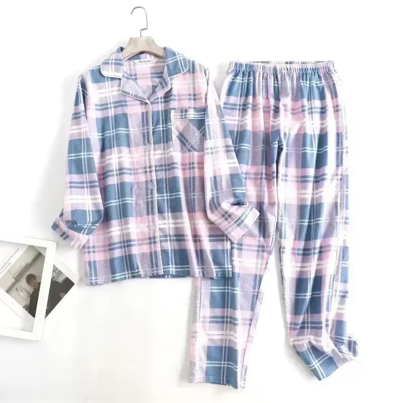 Women's Cotton Flannel Pajama Set | Plaid Long Sleeve Long Pants Loose Autumn Winter Sleepwear