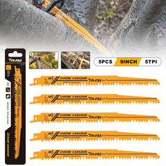 5PCS 9” Reciprocating Saw Blades – Wood & PVC Cutting, 5TPI CR-V Blades