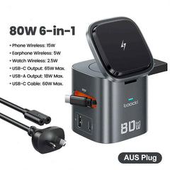 80W 6-in-1 GaN Charging Station | MagSafe 15W + PD 65W + Retractable 60W Cable Wireless Charger MacBook iPhone