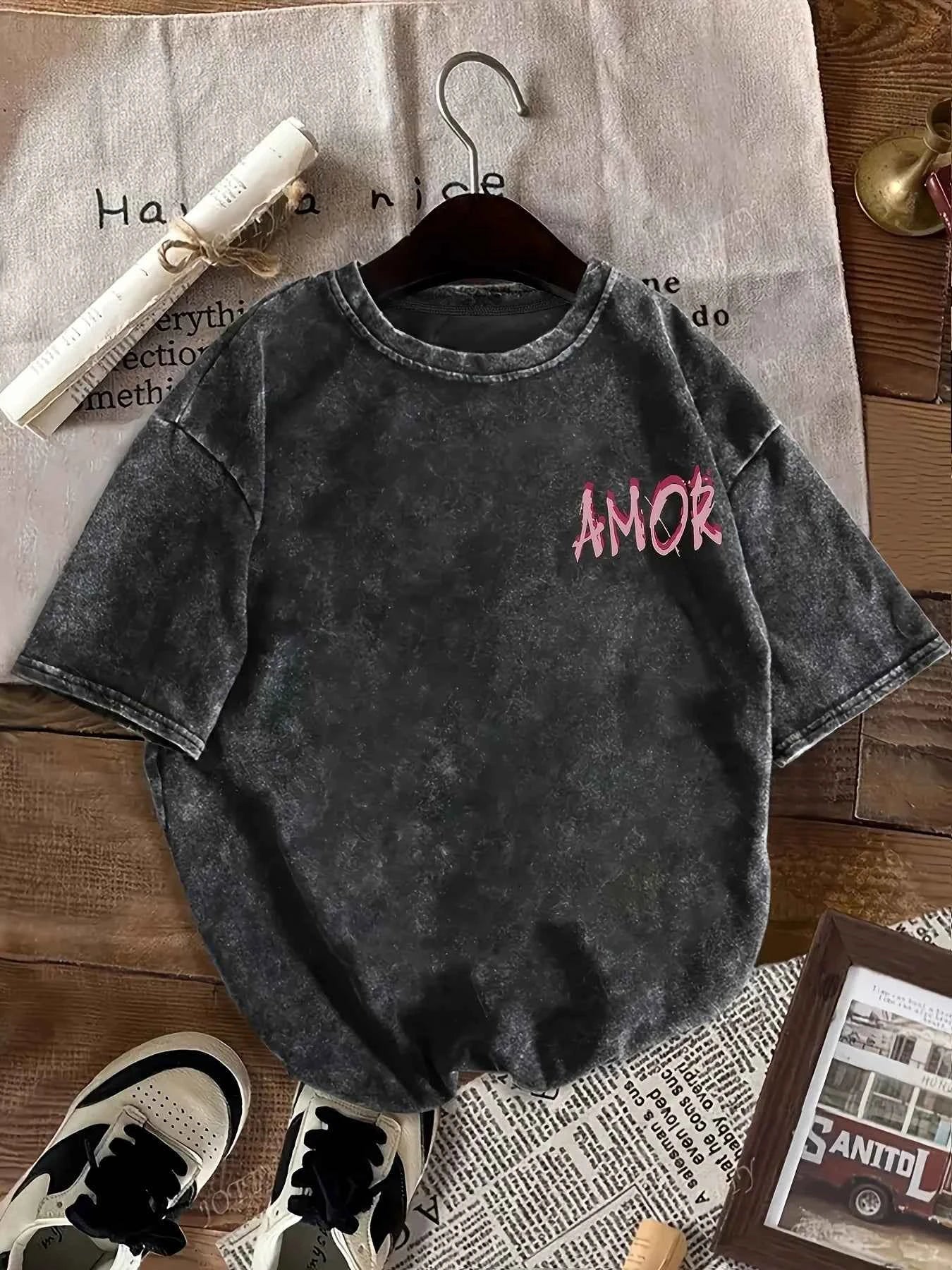 Women's "AMOR AMOR" Letter Print Washed T-Shirt | Cotton Unisex Casual Loose Fit Round Neck Summer Tee