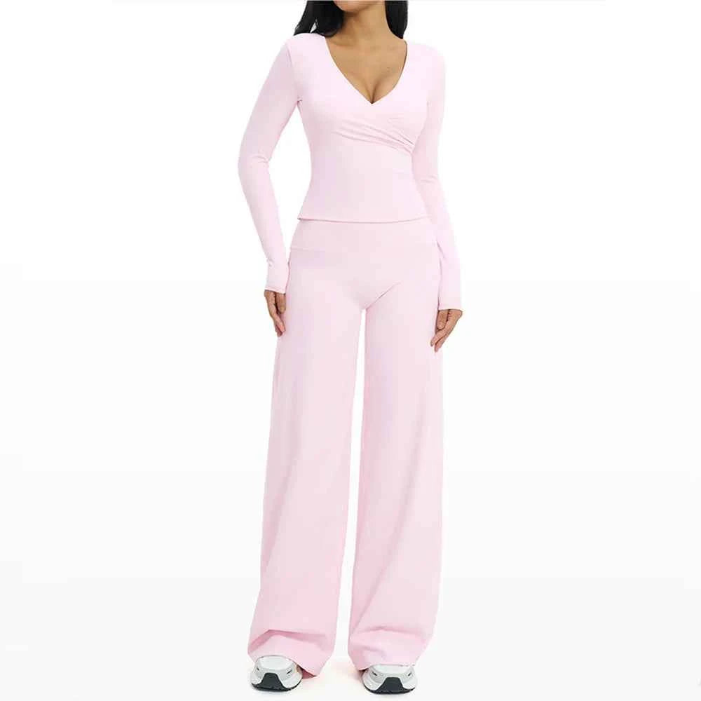 Women's 2-Piece Deep V Yoga Set | High Waist Flared Pants & Sports Bra Gym Fitness Tracksuit