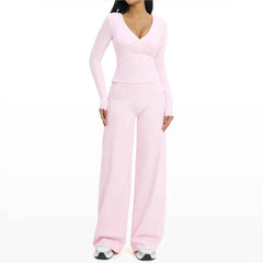 Women's 2-Piece Deep V Yoga Set | High Waist Flared Pants & Sports Bra Gym Fitness Tracksuit