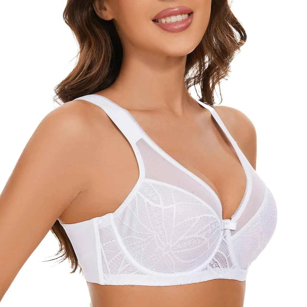 Plus Size Floral Lace Minimizer Bra | Underwire Full Coverage Unpadded Lifting