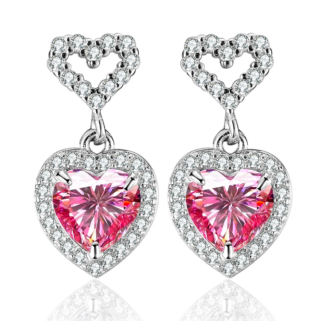 2CT Pink Heart Moissanite Drop Earrings