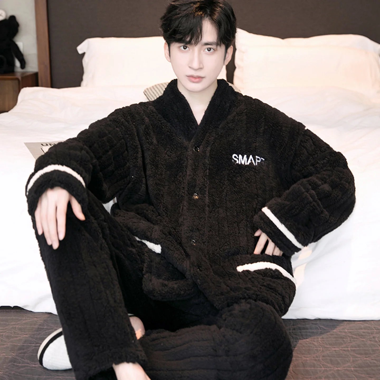 Men's Thickened Flannel Sleepwear Set | Coral Fleece Long Sleeve V-Neck Button Warm Loungewear