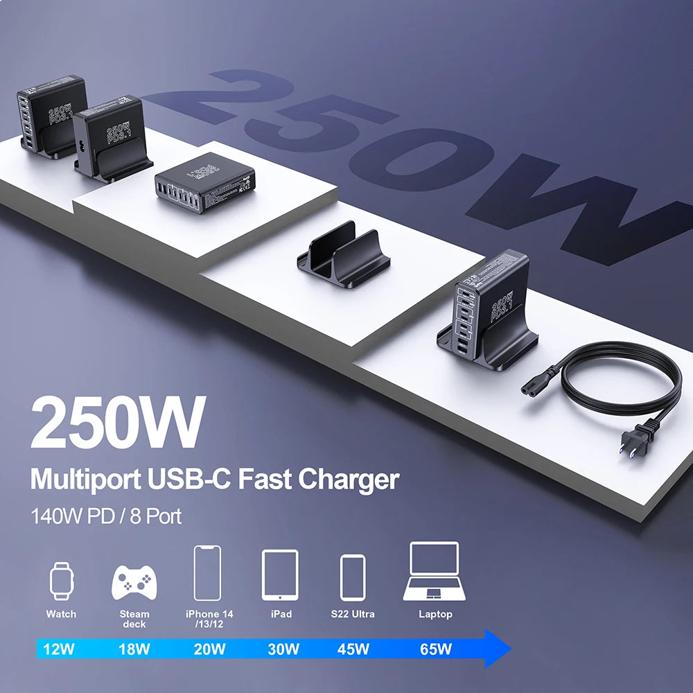 250W GaN 8-Port USB-C Desktop Charger | PD3.1 Fast Charging Station for iPhone Samsung Laptop