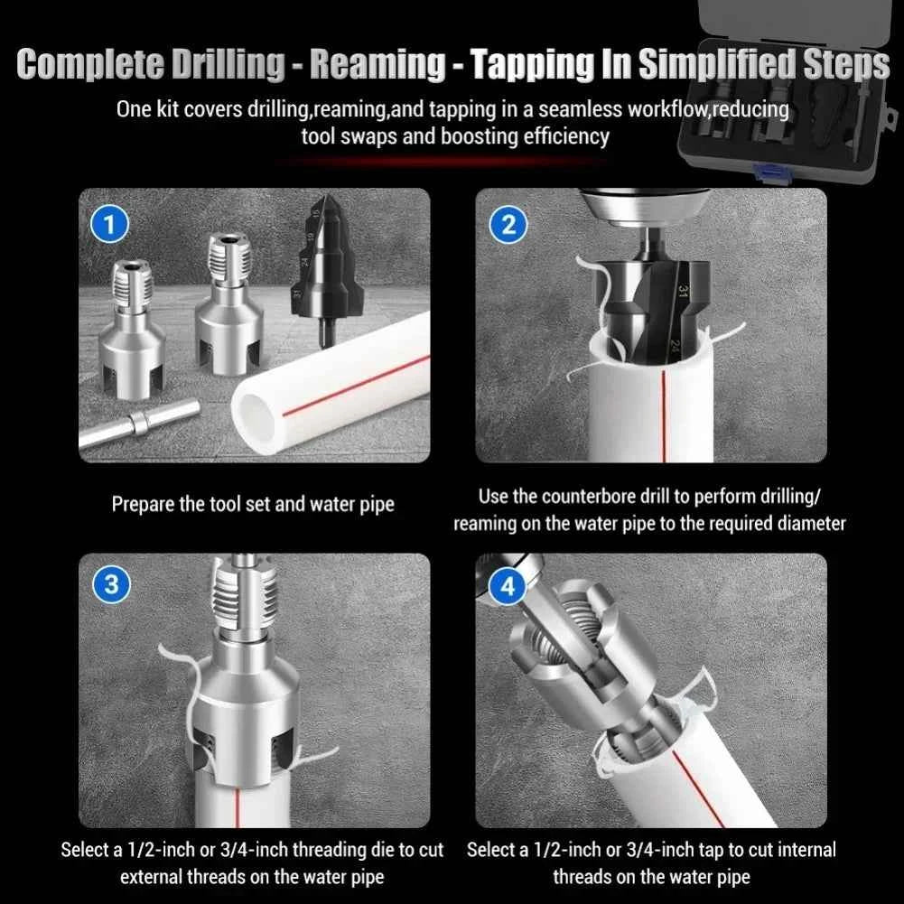 1 Set Professional PPR/PVC Water Pipe Threader & Triple Flute Counterbore Kit