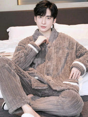 Men's Thickened Flannel Sleepwear Set | Coral Fleece Long Sleeve V-Neck Button Warm Loungewear
