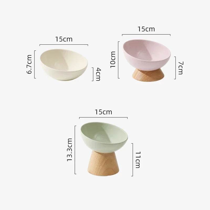 Cat Tilted Ceramic Bowl with Wooden Stand - SnaggIt