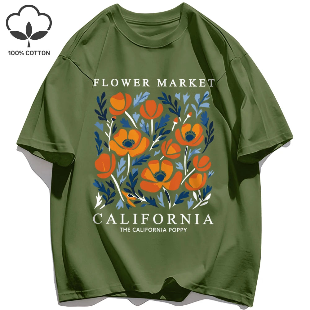 Women's California Yellow Flowers Market Print T-Shirt | Soft Cotton O-Neck Casual Crewneck Short Sleeve