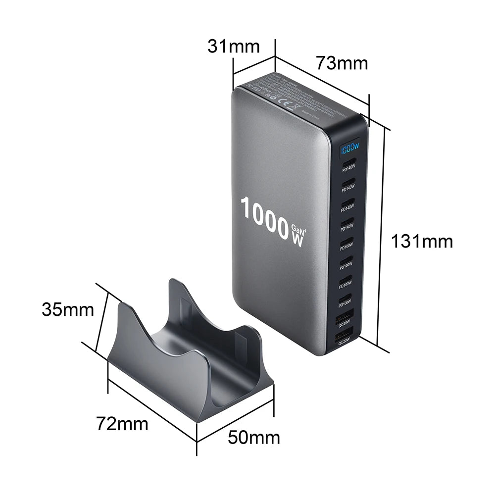 1000W GaN 10-Port USB-C Desktop Charging Station | PD3.1 Fast Charger for iPhone Samsung Laptop