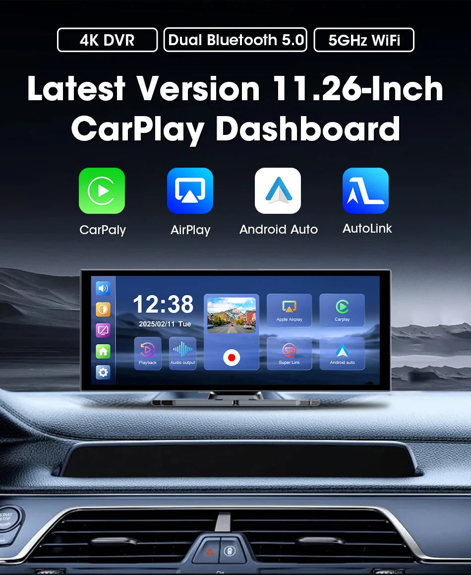 11.26" 4K Car DVR – Portable Dash Cam with Wireless CarPlay, Android Auto & 5G WiFi Navigation by Snagg A Car DVR