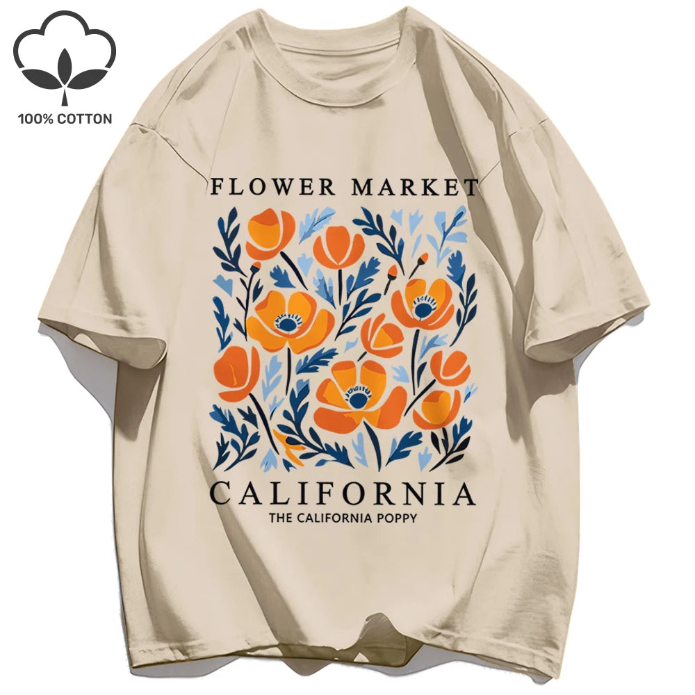 Women's California Yellow Flowers Market Print T-Shirt | Soft Cotton O-Neck Casual Crewneck Short Sleeve