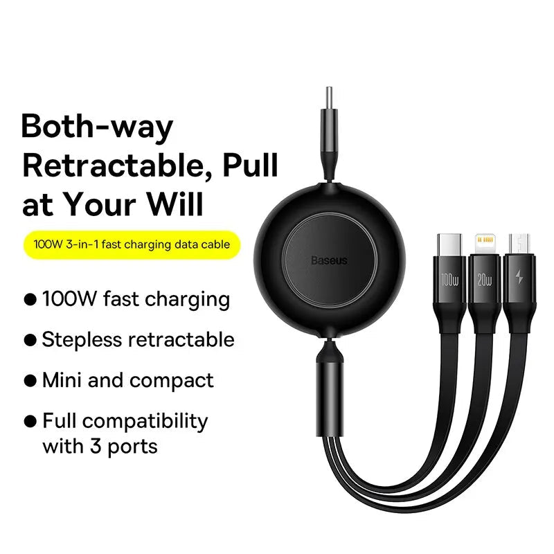 Retractable 100W 3-in-1 Fast Charging Cable by Snagg A Charging Cable