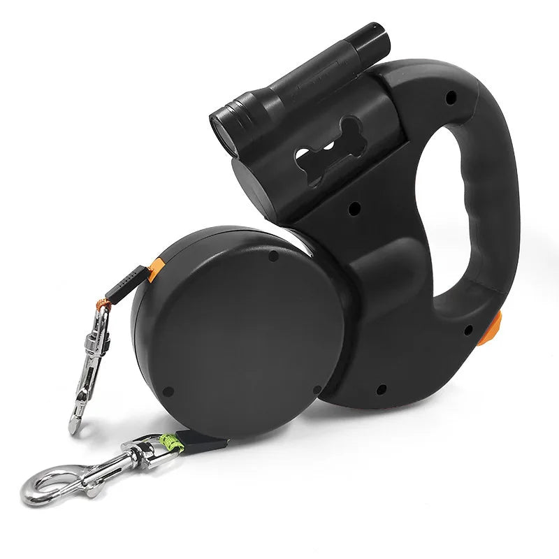 Retractable Double Dog Leash 1-to-2 – Automatic Lead with Built-In Flashlight & Bag Dispenser