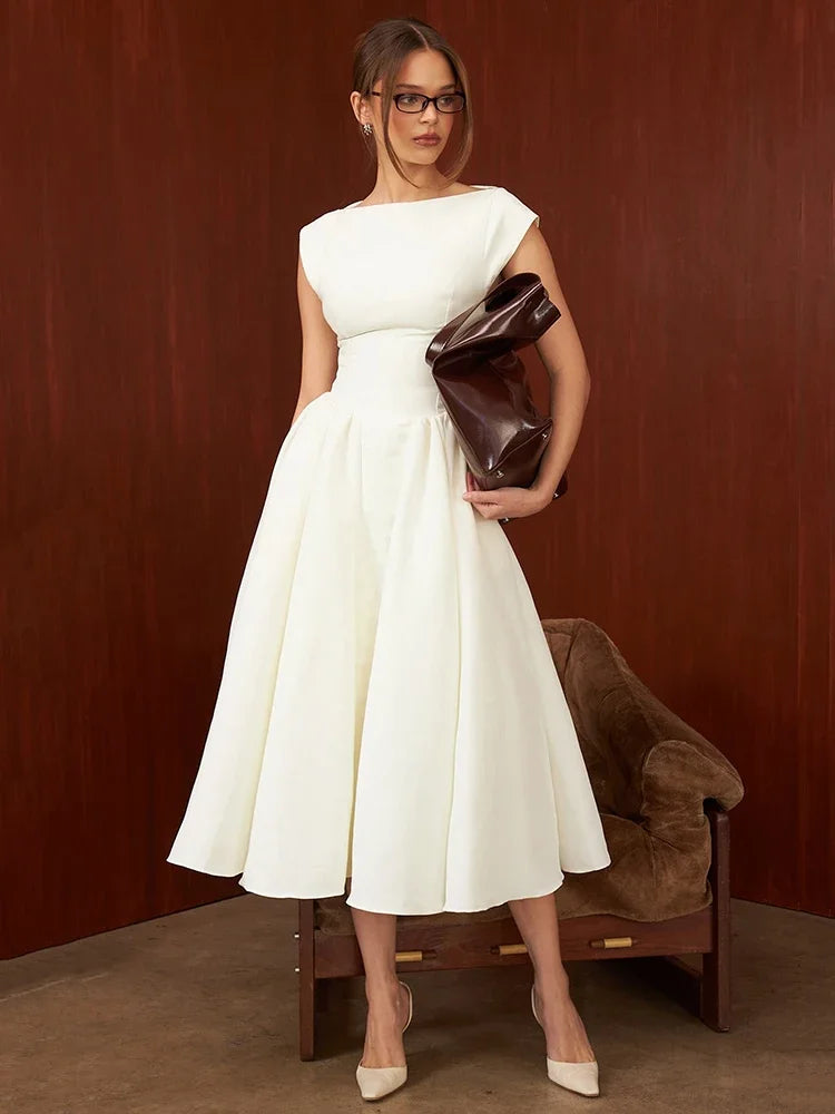 Circle Cut-Out Back Midi Dress – Women's Wide Shoulder Fitted Waist Fluffy Hem Prom & Wedding Dress
