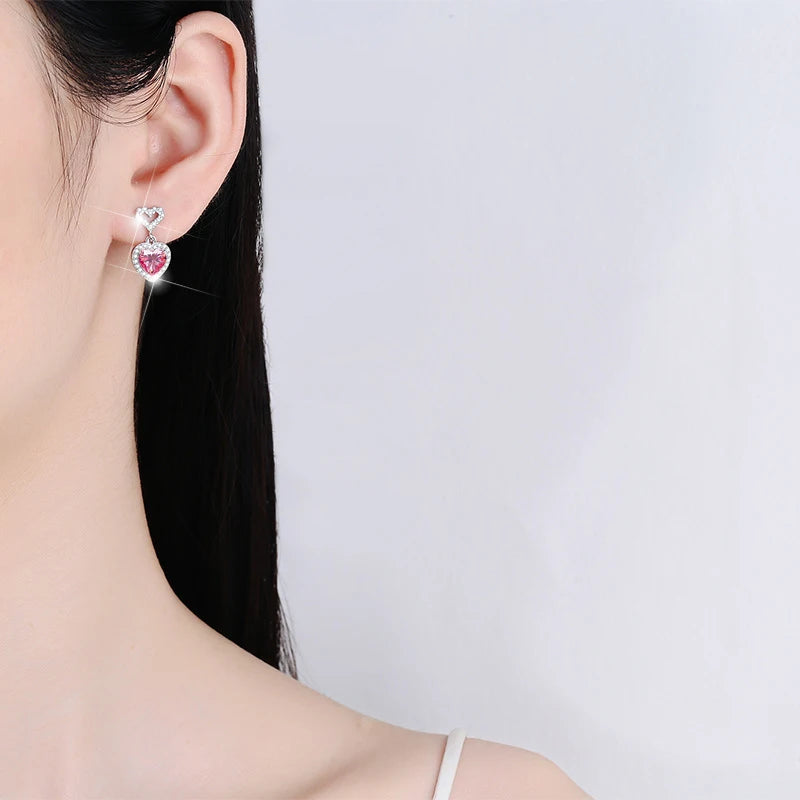 2CT Pink Heart Moissanite Drop Earrings