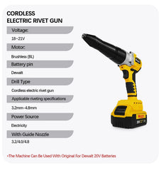 Brushless Electric Rivet Gun Cordless 3.2-4.8mm Automatic Riveting Power Tool for Dewalt 20V Battery