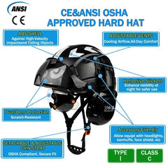 Vented construction safety helmet with twin visors, earmuffs and reflective stickers – image 3
