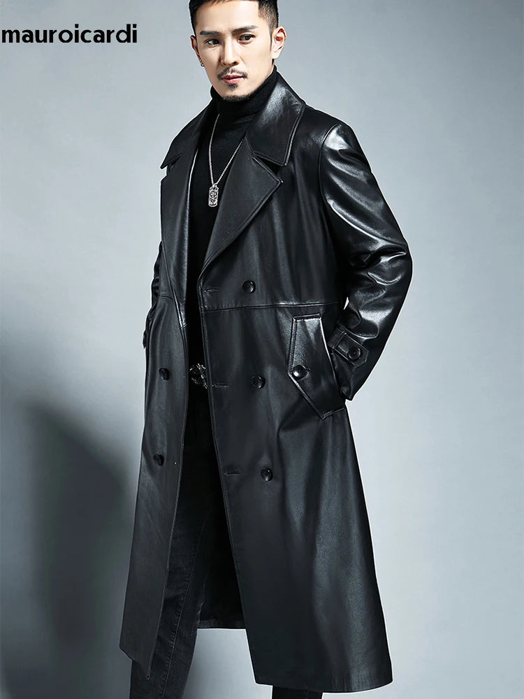 Long Waterproof Black PU Leather Trench Coat by Snagg A Coat