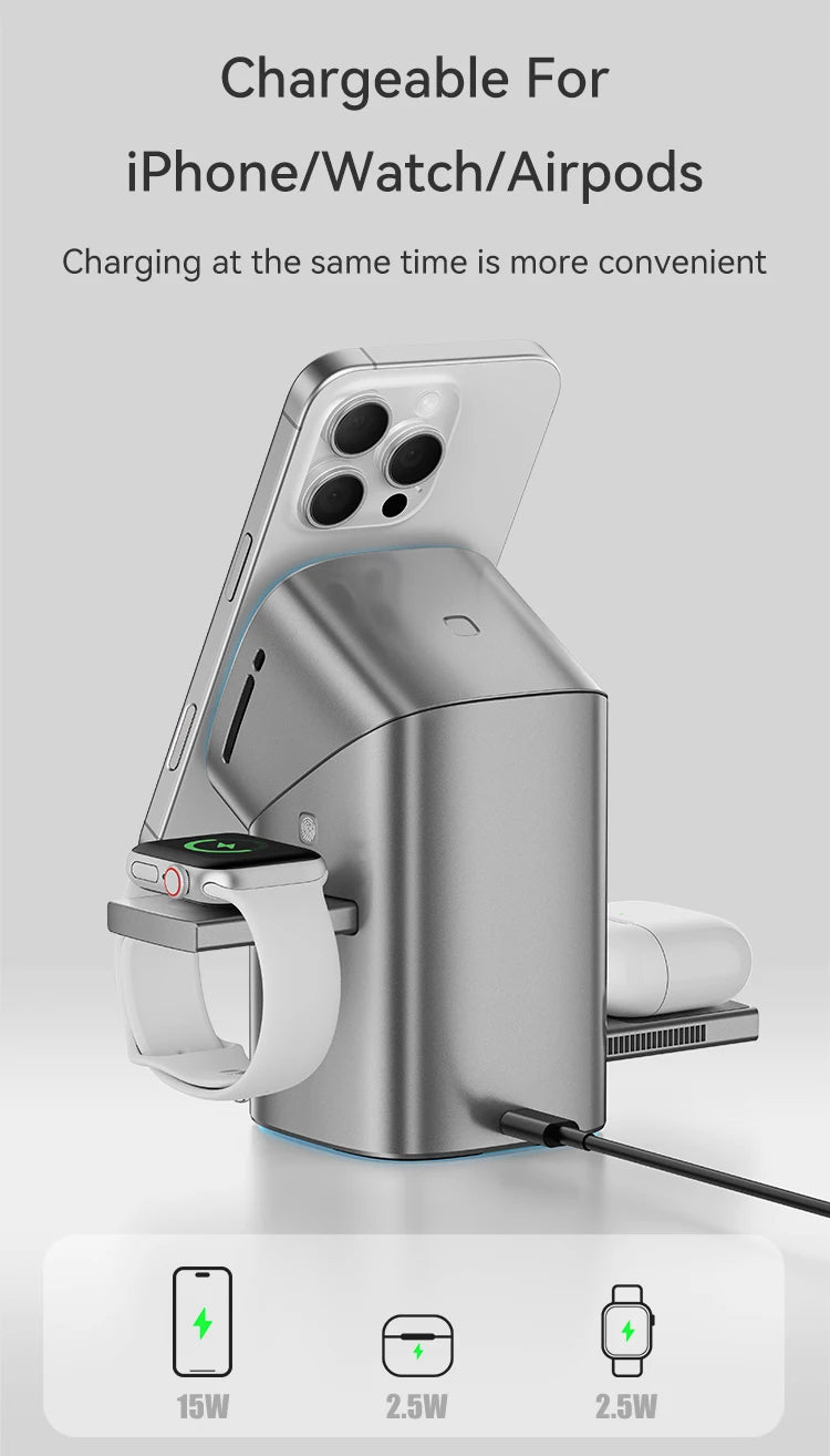 Qi2 Auto-rotate Touch Magnetic 3 in 1 Wireless Charger for IPhone Phones, Watch & AirPods by Snagg A Charging Station