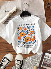 Women's California Yellow Flowers Market Print T-Shirt | Soft Cotton O-Neck Casual Crewneck Short Sleeve