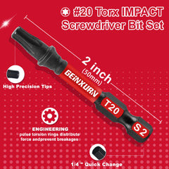 2" Impact Magnetic T20 Torx Screwdriver Bit Set – S2 Alloy Steel Power Bits with Base