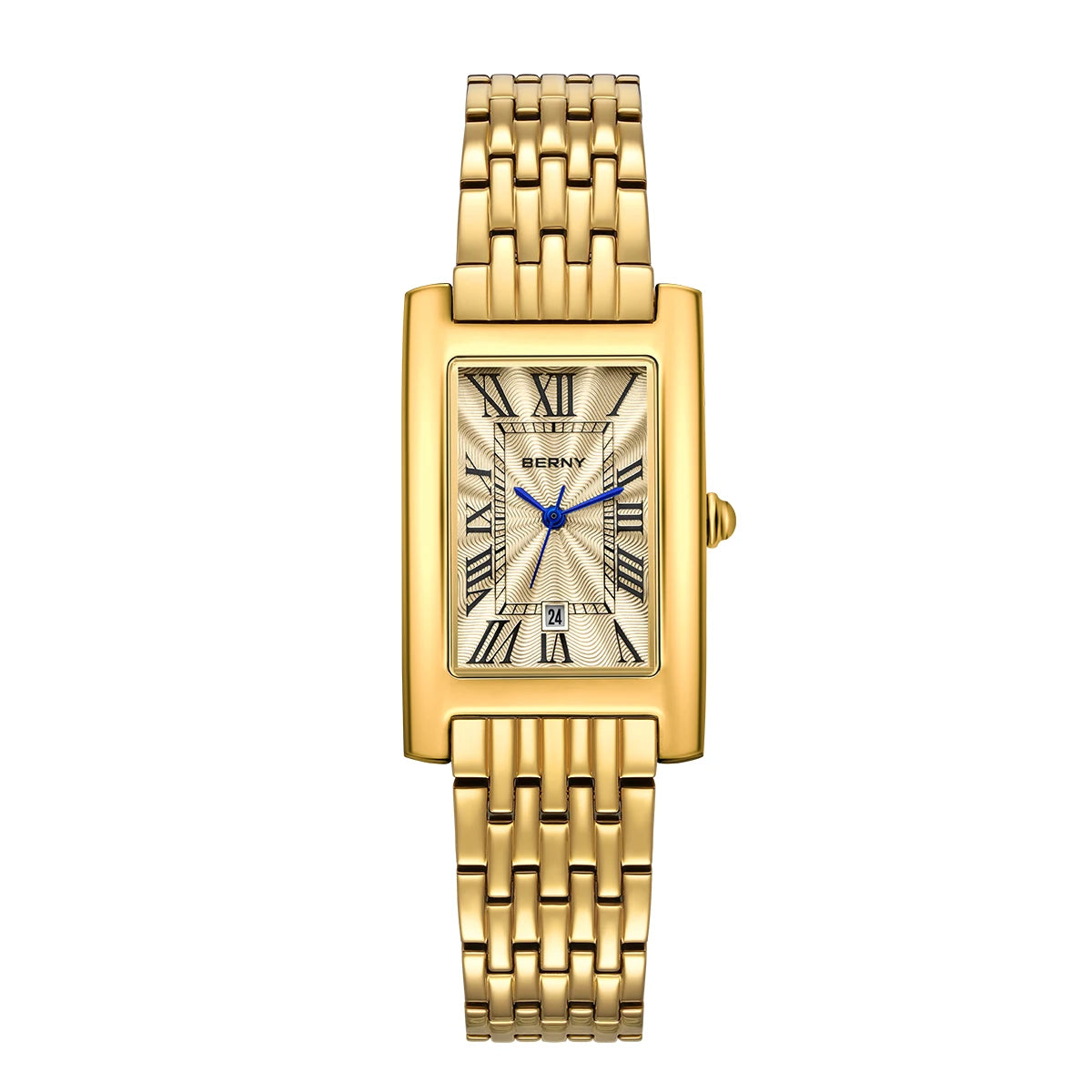 BERNY Square Quartz Watch for Women – Roman Numerals & Date Display