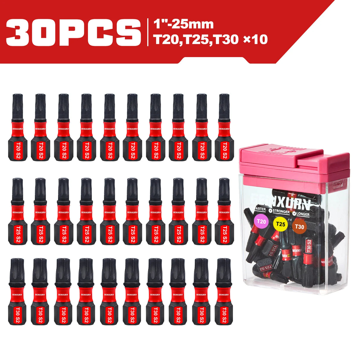 30 Pcs 1" Impact Torx Screwdriver Bit Set – T20/T25/T30 S2 Alloy Steel with Colorful Storage Box