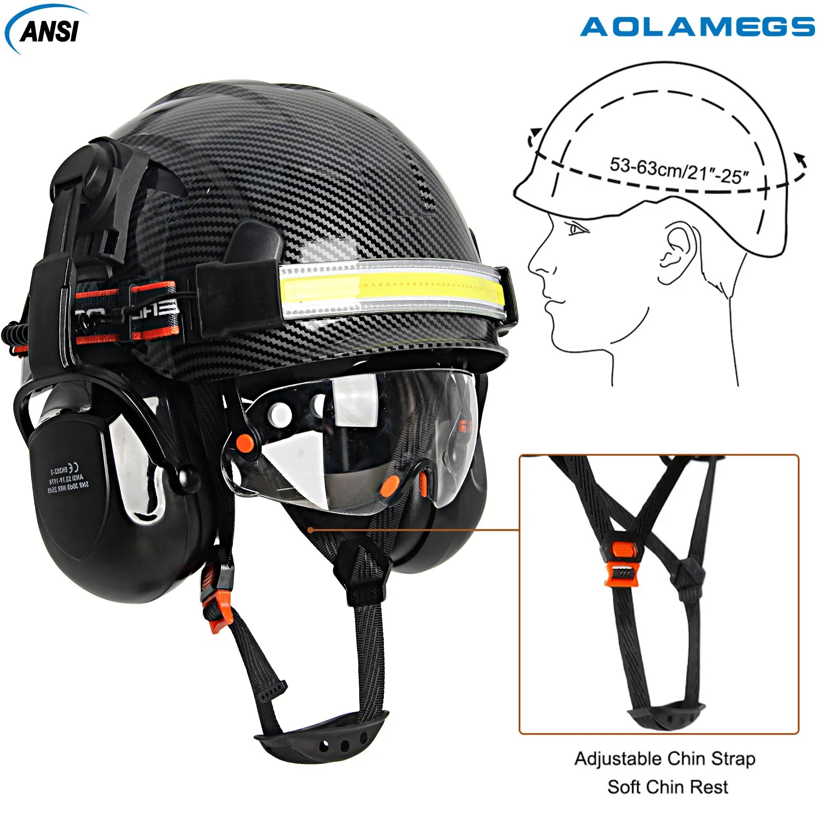 Construction safety helmet with built-in goggles, LED headlamp and earmuffs – image 5