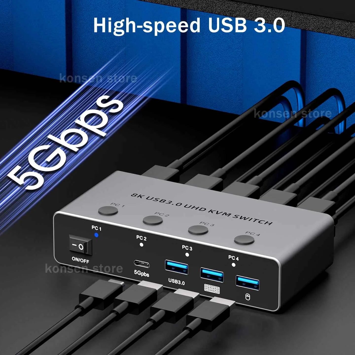 8K@60Hz / 4K@120Hz HDMI 2.1 KVM Switch – 4 PC, USB 3.0, Share Monitor, Keyboard, Mouse & Printer