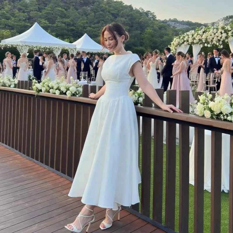 Circle Cut-Out Back Midi Dress – Women's Wide Shoulder Fitted Waist Fluffy Hem Prom & Wedding Dress
