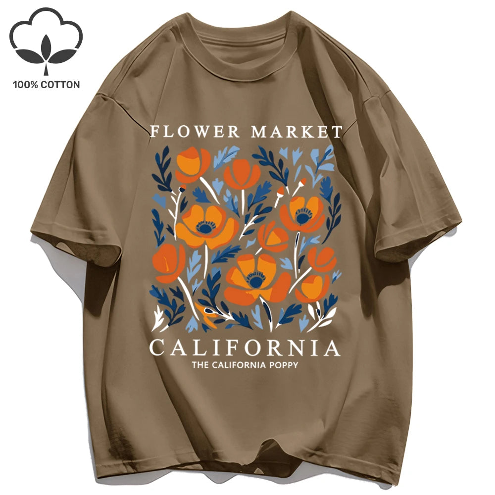 Women's California Yellow Flowers Market Print T-Shirt | Soft Cotton O-Neck Casual Crewneck Short Sleeve