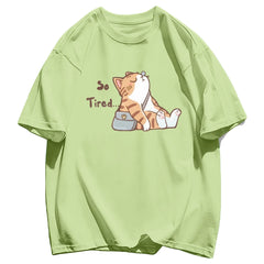 “Too Tired Cat” 100% Cotton Tee, Soft Relaxed Fit Streetwear Graphic Shirt