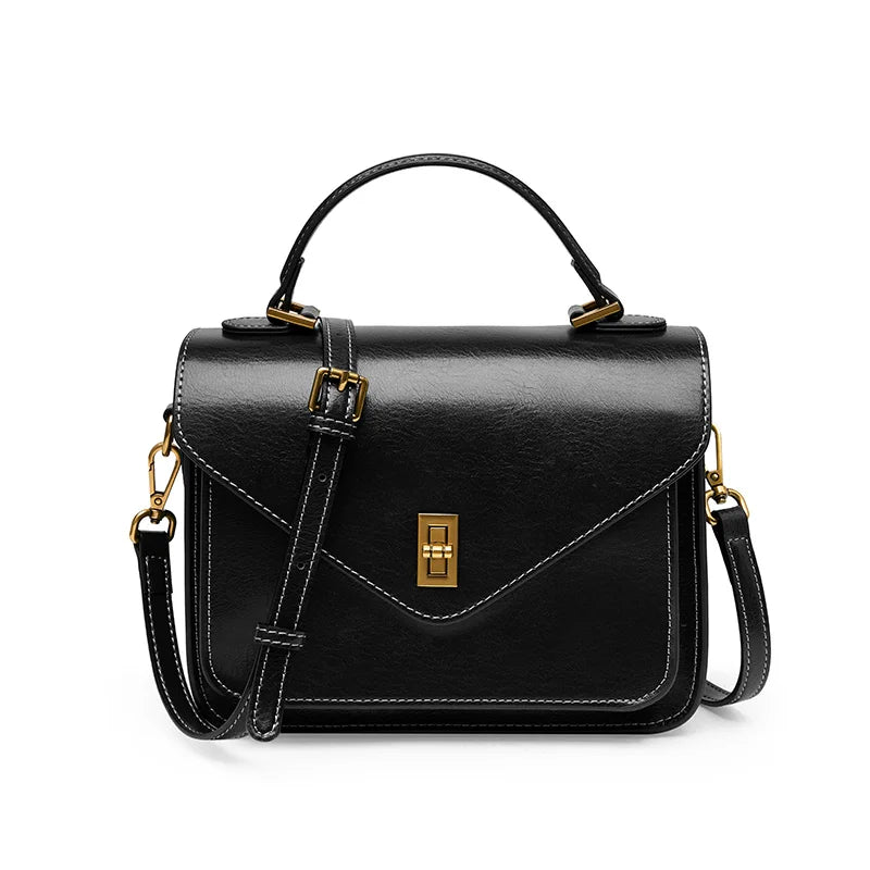 Genuine Leather Postman Shoulder Bag – Simple Vintage Luxury Flap Handbag for Women (20–30cm)