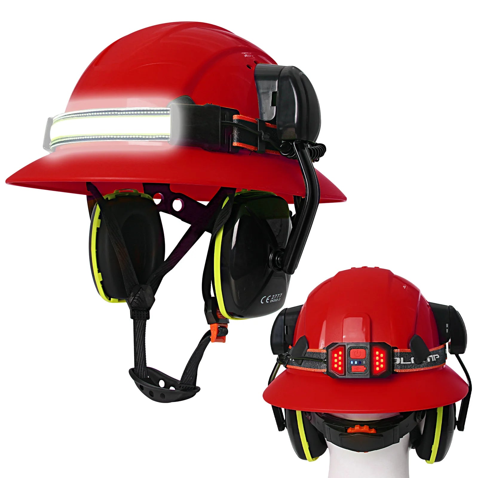 Full brim construction safety helmet with earmuffs and head lamp – image 10