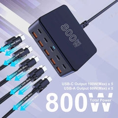 800W GaN 10-Port Fast Desktop Charging Station | USB-C PD Fast Charger iPhone Samsung MacBook Laptop