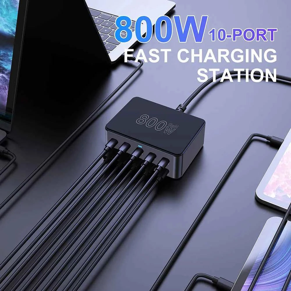 800W GaN 10-Port Charging Station | 100W PD3.0 PPS QC3.0 USB-C Fast Charger iPhone Samsung MacBook