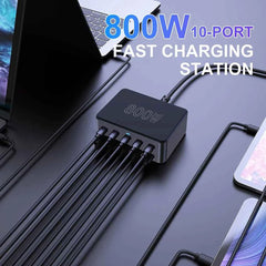 800W GaN 10-Port Charging Station | 100W PD3.0 PPS QC3.0 USB-C Fast Charger iPhone Samsung MacBook