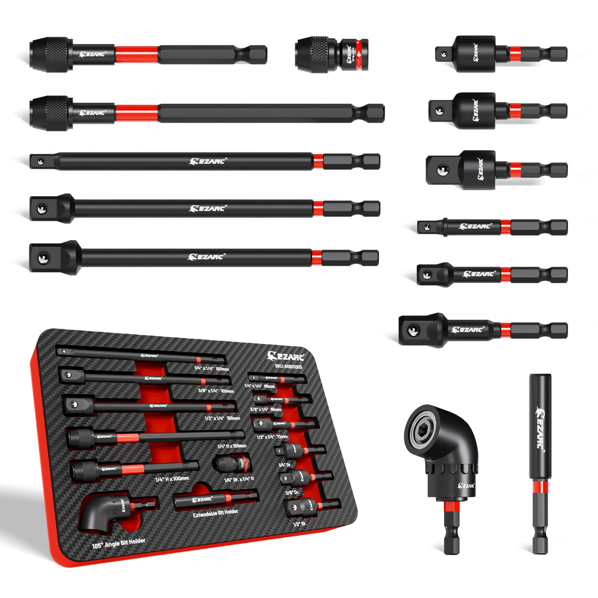 14 Pcs Impact Socket Adapter Set – Quick-Release & Magnetic Drill Bit Extensions with Swivel & Right Angle Adapters