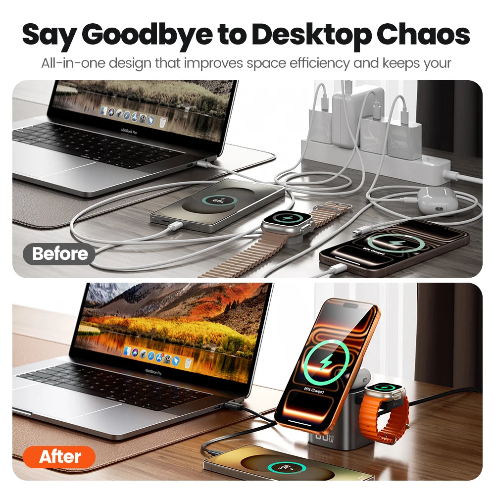 80W 6-in-1 GaN Charging Station | MagSafe 15W + PD 65W + Retractable 60W Cable Wireless Charger MacBook iPhone